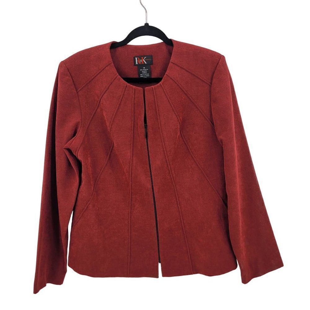 Vintage 80's R&K Originals Collarless‎ Starburst Zip Up Blazer 14 Red Textured